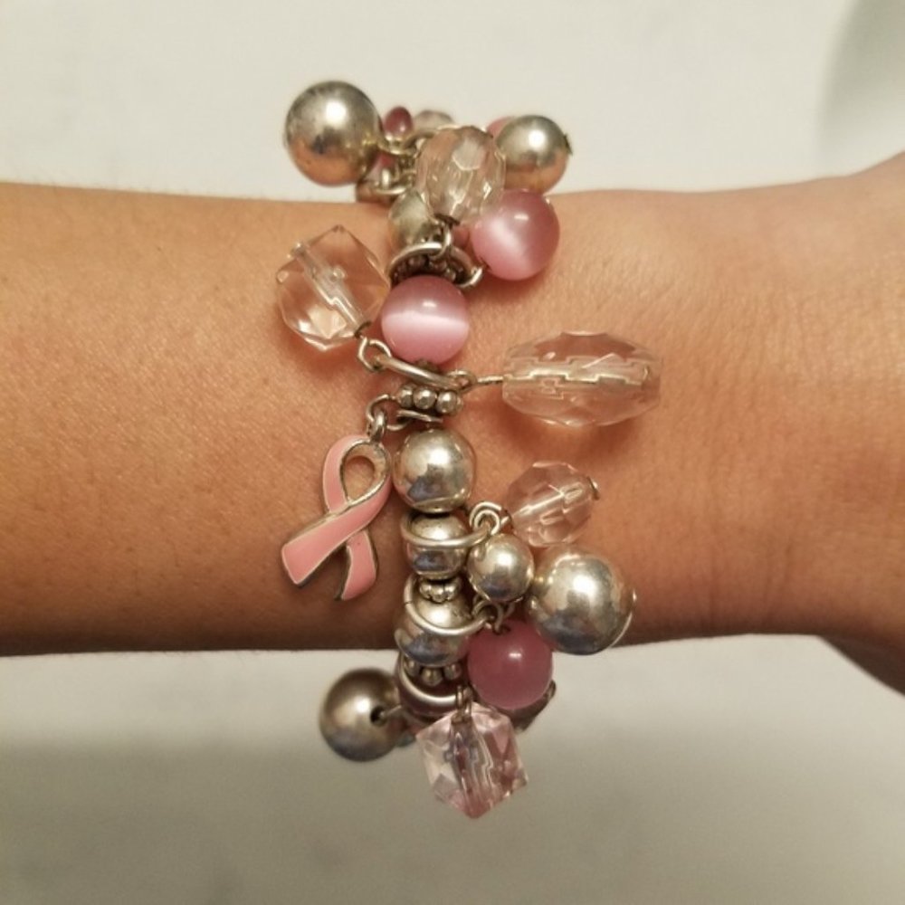 Breast Cancer Awareness Bracelet Stretch Pastel Pink Ribbon Beads Preppy Casual